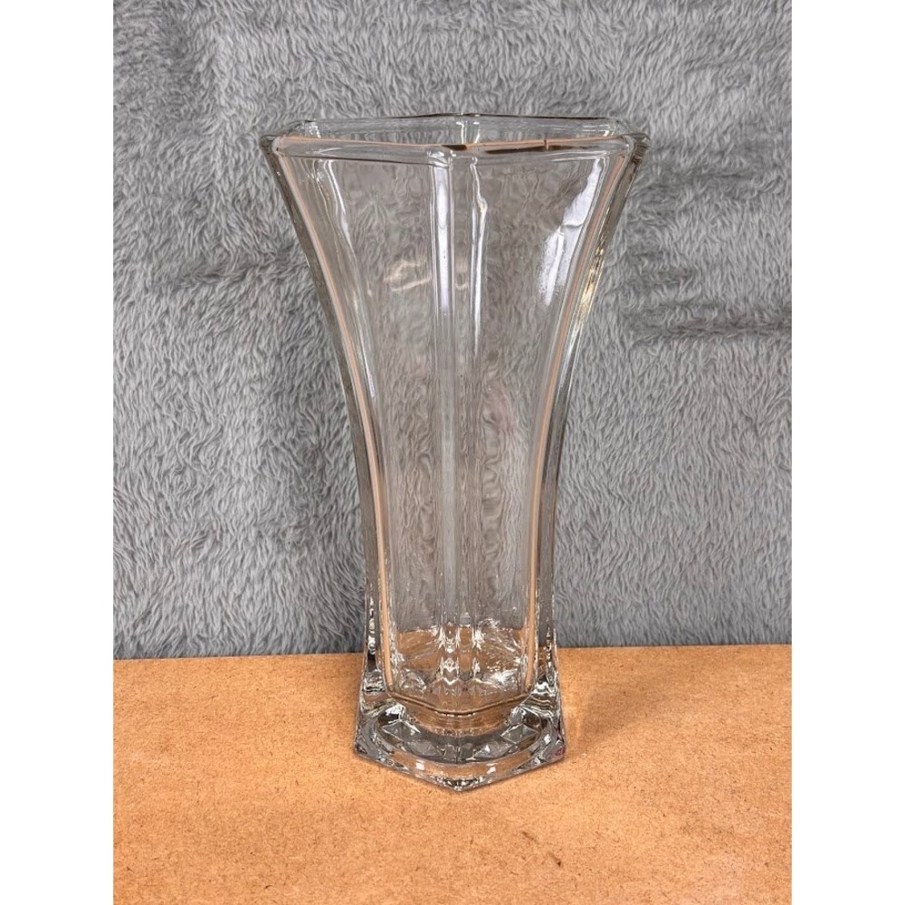 Tall Clear Glass‎ Hexagonal Flower Vase Paneled Starburst Base 9.75 Inch